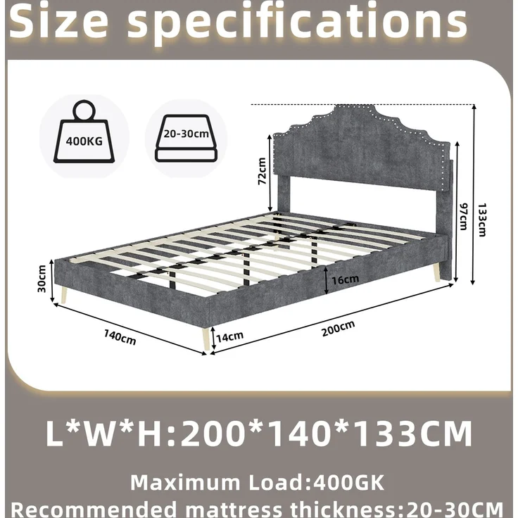 EINHOM Polsterbett 140 x 200 cm, Modernes Minimalistisches Bett, Weiches Kopfteil, Niedriges Bettgestell ohne Gasdruckfeder, Multifunktionale Schlafzimmermöbel, Grau, (Ohne Matratze) – Bild 2