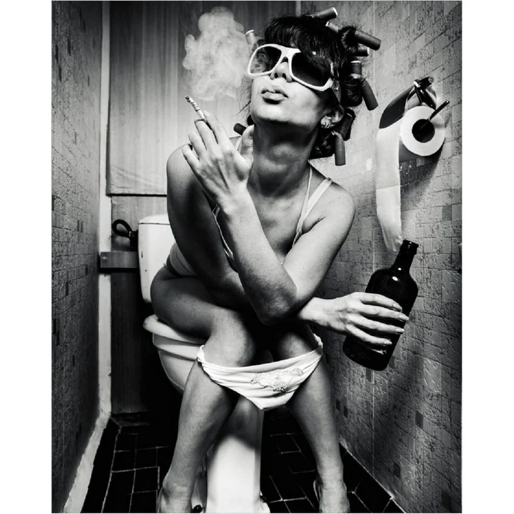 Wallario Poster, Kloparty - Sexy Frau auf Toilette mit Zigarette und Schnaps, in verschiedenen Ausführungen – Bild 1