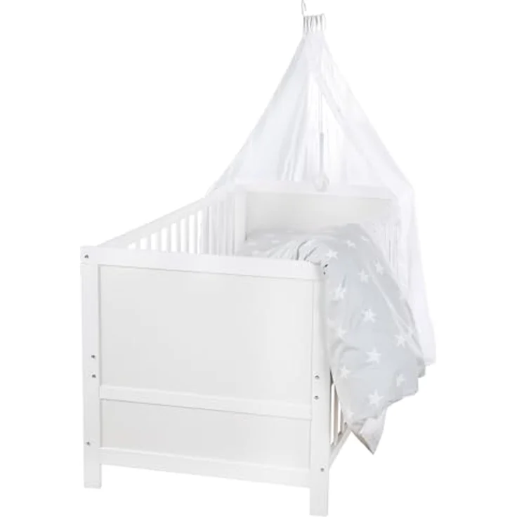 roba Kinderbettset „Sterne grau“ – mitwachsendes Babybett mit Matratze, Bettwäsche & Himmel – Bild 2