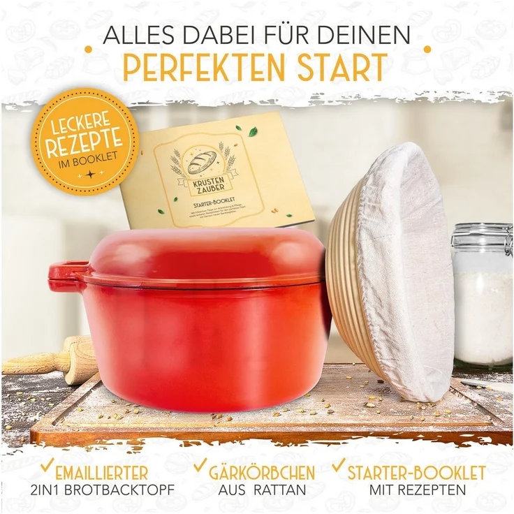 Krustenzauber Brotbackform Brotbackform Gusseisen Topf Brot Backen [inkl. Gärkorb] – Bild 2