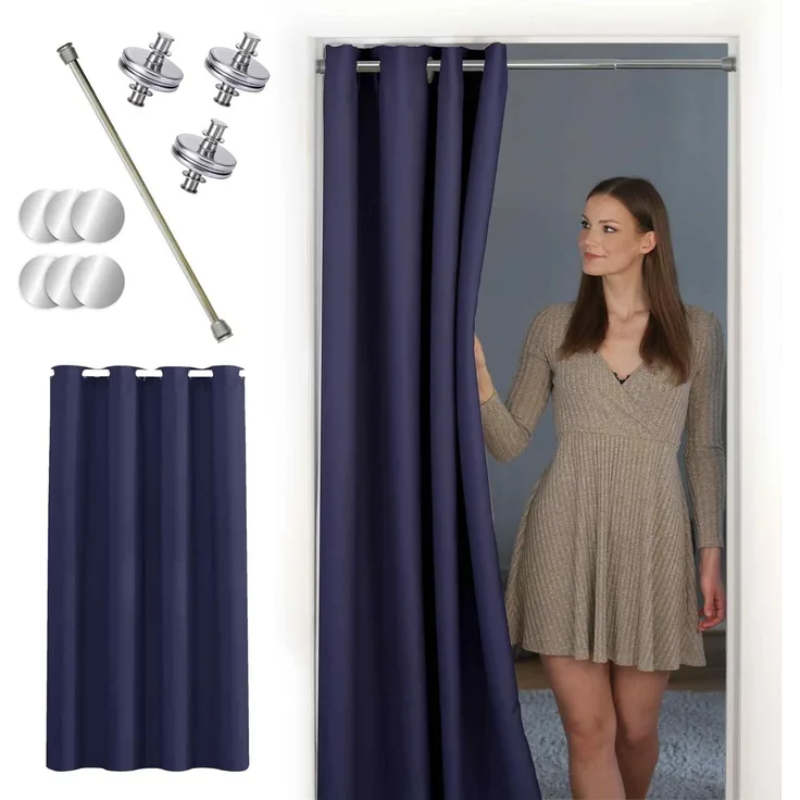 tinycurtains Türvorhang mit Stange silber 70-120 cm Thermo Vorhang ohne Bohren, blickdicht, Ösen, abdunkelnd, Polyester, dunkelblau Ocean, Türgardine mit Klemmstange Raumtrenner verdunkelnd