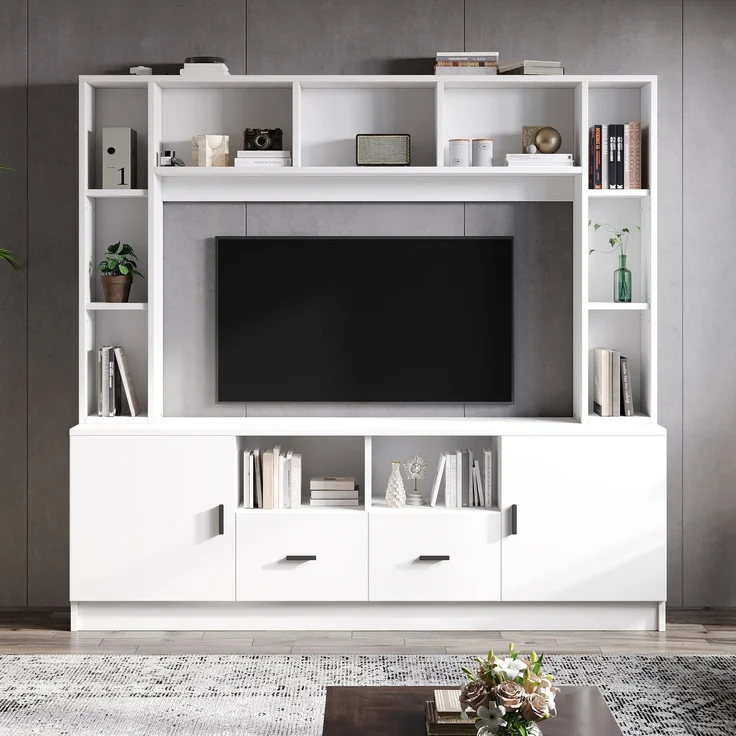 180*35*170cm TV Wohnwand-set mit Vitrine,Mediawand inkl. TV-Board-set und Regal,TV Wohnzimmermöbel-Set mit 2 Schränke, 2 Schubladen , 11 Staufächer, Anbauwand, Wohnzimmerwand, TV bis 60',Weiß--Weiß--180x35x170cm--YOUDENOVA – Bild 4