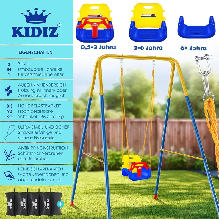 KIDIZ® Babyschaukel mit Gestell 3in1 Kinderschaukel mitwachsend für Babys ab 6 Monate & Kinder bis 10 Jahre für drinnen & draußen, bis 100kg belastbar, Schaukelgestell inkl. 4 Sandsäcke 5kg auffüllbar Bunt – Bild 2