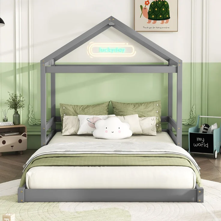Hausbett 140x200 cm für Kinder, Kinderbett in Hausform mit Lattenrost,modernes Montessori Bett,stabiles Holzhausbett, Grau – Bild 4
