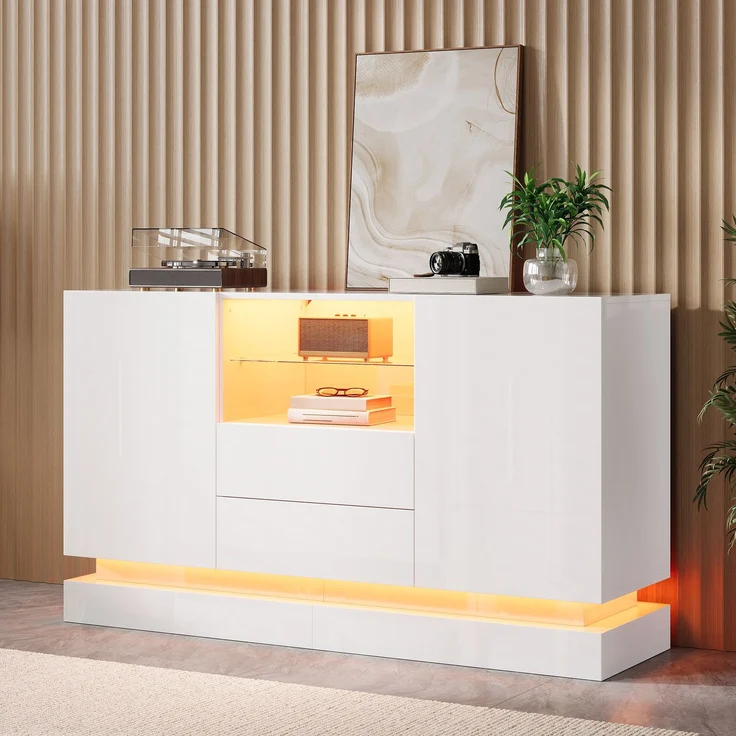 ZUBALIYA Sideboard 140x40x80 cm, mit LED-Beleuchtung, Hochglanz, mit 2 Türen, aus Spanplatte, Weiß – Bild 5