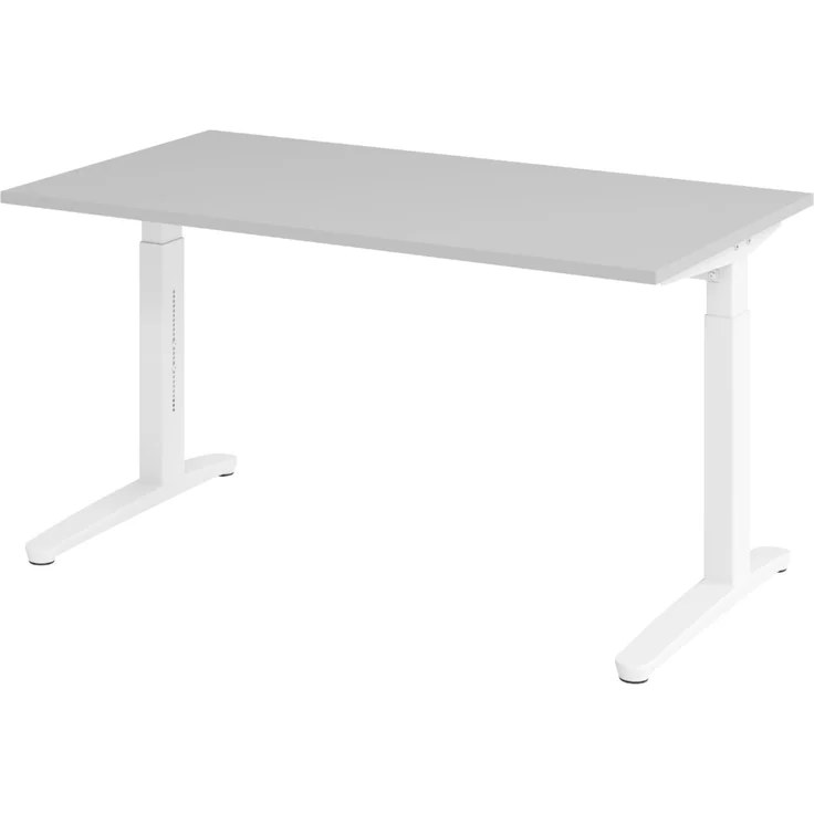 bümö manuell höhenverstellbarer Schreibtisch 140x80 in grau, Gestell in weiß - PC Tisch höhenverstellbar & klein, höhenverstellbarer Tisch Büro, kleiner Computertisch verstellbar, X14-5-WW – Bild 1