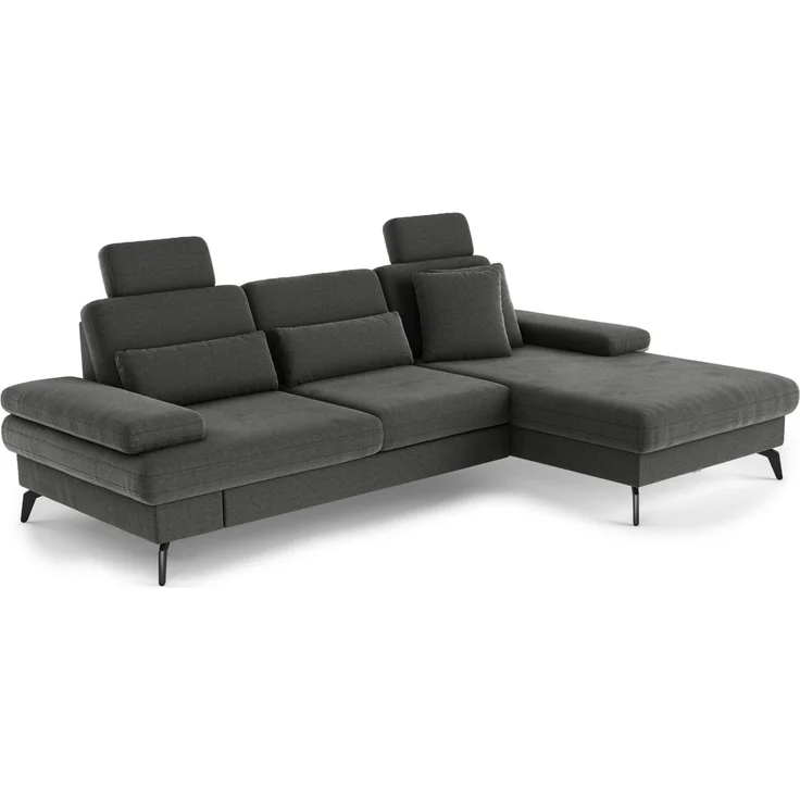 Cavadore Ecksofa Moritz / Eckcouch mit Longchair, Bett, Bettkasten, Sitztiefenverstellung, Kopfstützen und mattschwarzen Metallfüßen / 275x82-107x171 / Mikrofaser, Grauoliv