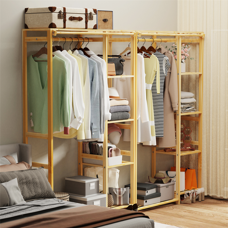 UNHO Kleiderschrank offener Kleiderständer mit Vorhang Ablagen Bambus Beige 91 x 30 x 146 cm – Bild 3