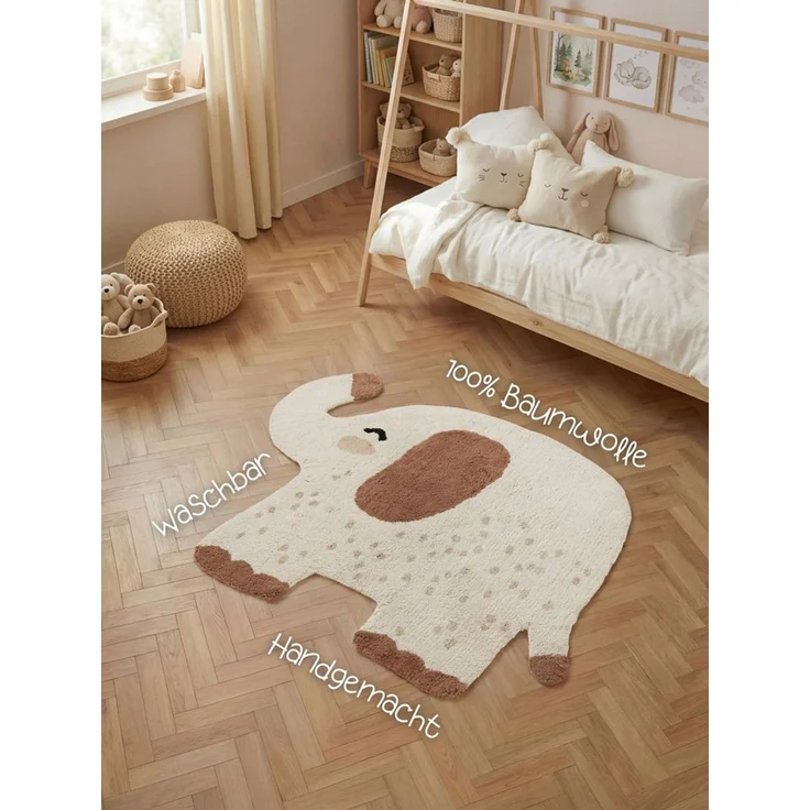 Hanse Home Kinderteppich Emmi - Pflegeleichter Teppich Junge Mädchen, rutschfest & Waschbarer Formteppich Elefant, Kinderzimmer Weicher Spielteppich, Spielunterlage - Creme Multifarben, 95x120 cm – Bild 3