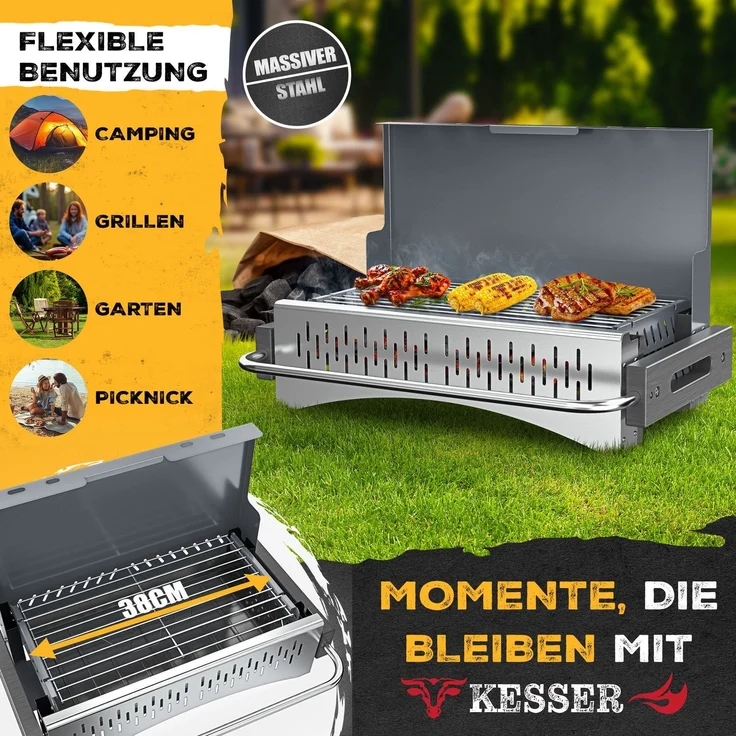 KESSER® Klappgrill, tragbarer Holzkohlegrill aus pulverbeschichtetem Stahl inklusive Grillrost, Grillmatte & Tragetasche, Anthrazit, 43 x 65 x 82 cm – Bild 3