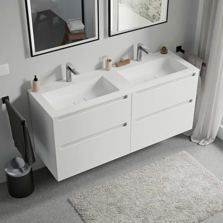Bernstein Waschbeckenunterschrank VIREO 140cm Weiß matt BRUXELLES Weiß matt Waschtischunterschrank mit Doppelwaschbecken 4 Schubladen