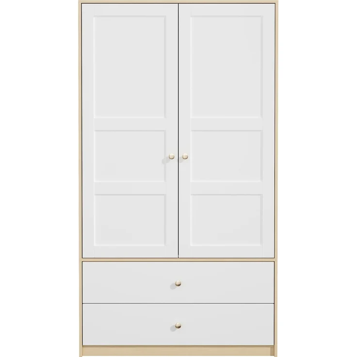ZUBALIYA Doppeltüriger Kleiderschrank, 2-türiger Kleiderschrank, mit 2 Schubladen und Kleiderstange, Schlafzimmermöbel, Garderobenschrank, Kleiderschrank mit Kleiderstange, 100 x 48 x 180 cm,Weiß und Holzoptik – Bild 9