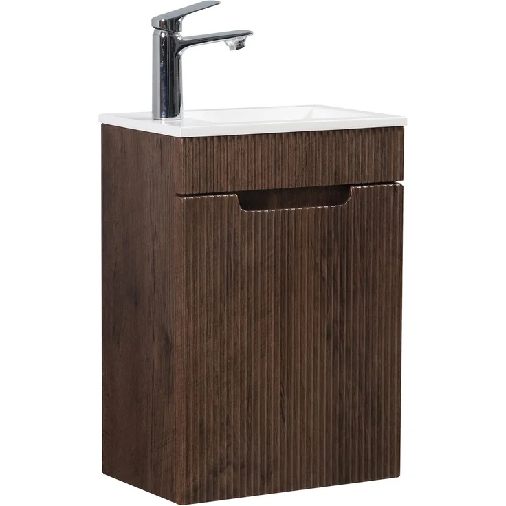 Badplaats Gäste-WC Waschtisch Set Thermis 40x22 cm Walnuss Braun - Badmöbel Set mit Waschbecken und Unterschrank, Vormontiert und mit Soft-Close – Bild 1