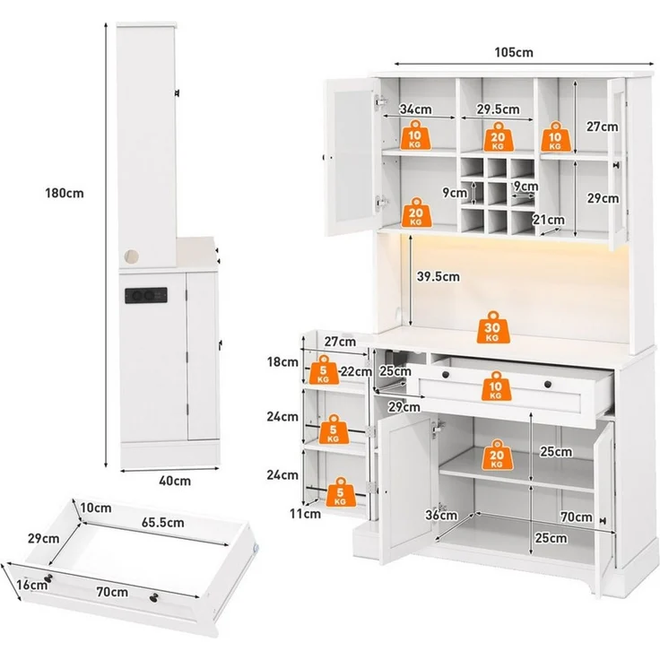 Celya Hochschrank Küchenschrank, Vitrinenschrank mit LED-Beleuchtung und Steckdose (mit 5 Tür, integriertem Gewürzregal, verstellbaren Einlegeböden) Ideal für Esszimmer, Wohnzimmer und Küche – Bild 2