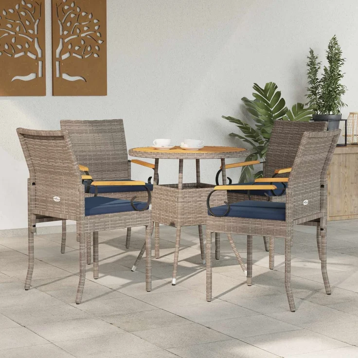 vidaXL Gartenstühle 4 Stk. Grau und Marineblau Poly-Rattan und Akazie 42025888 – Bild 1