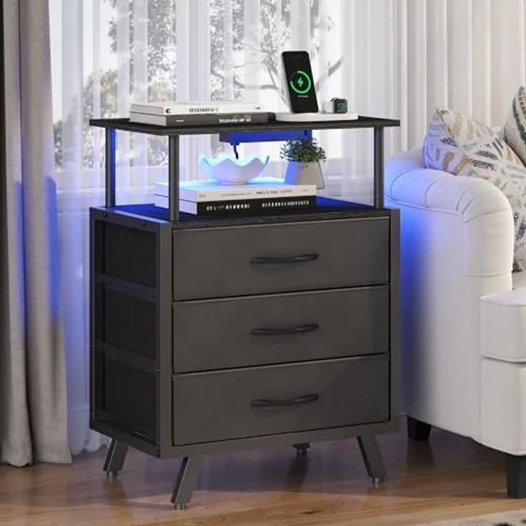 Feonase Nachttisch, Beistelltisch mit Ladestation & LED-Leuchten, Sofatisch mit 3 Stoffschubladen, Nachtschrank mit offenem Regal, Beistelltische für SchlafzimmerWohnzimmer, Schwarz – Bild 1