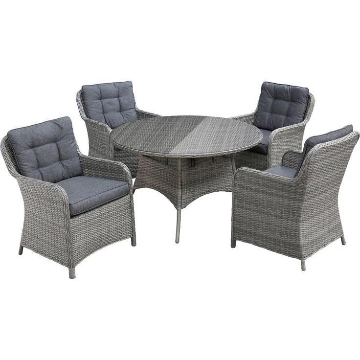 KONIFERA Garten-Essgruppe Menorca, (Set, 13-tlg, 4x Sessel, 1x Tisch ØxH: 120x75cm, inkl. Auflagen), Polyrattan, Aluminium, Tischplatte aus 5mm starkem Sicherheitsglas – Bild 5