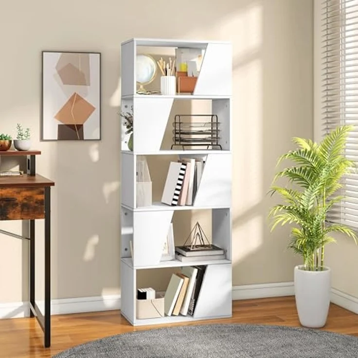 YITAHOME Bücherregal, Holzbücherregal mit 6 Regalböden, Bodenstehende Standregal, Industrielles Ausstellungsregal, Aufbewahrungseinheit, Regaleinheiten für Wohnzimmer, Schlafzimmer, Heimbüro, Weiß – Bild 1