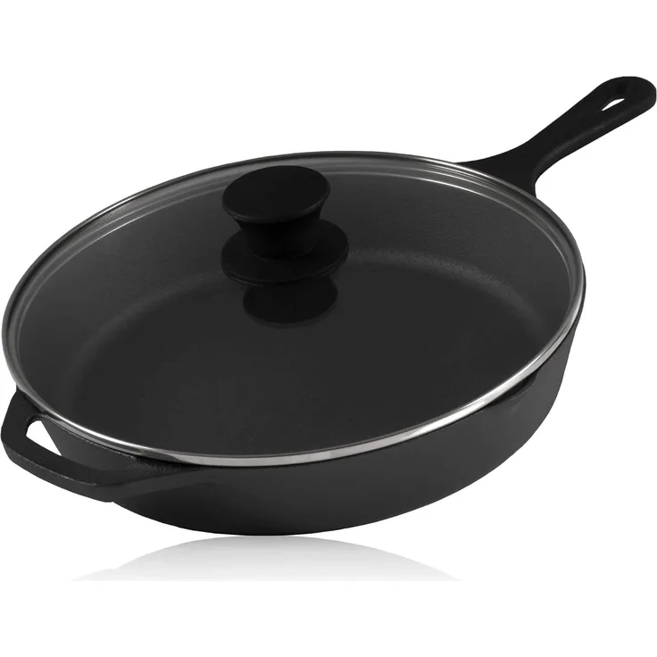 BBQ-Toro Grillpfanne Gusseisen Grillpfanne Ø 26 cm mit Glasdeckel, Bratpfanne, Gusseisen