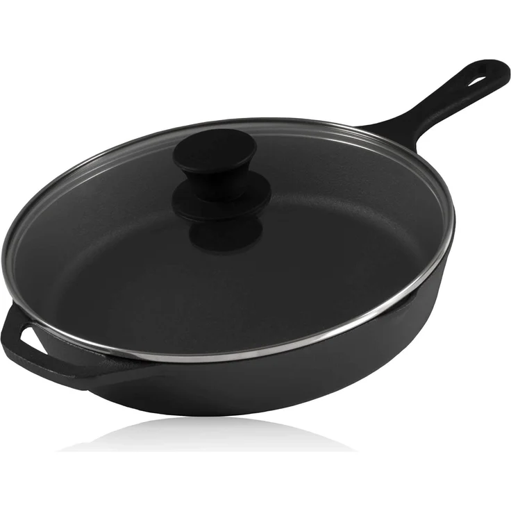 BBQ-Toro Grillpfanne Gusseisen Grillpfanne Ø 26 cm mit Glasdeckel, Bratpfanne, Gusseisen