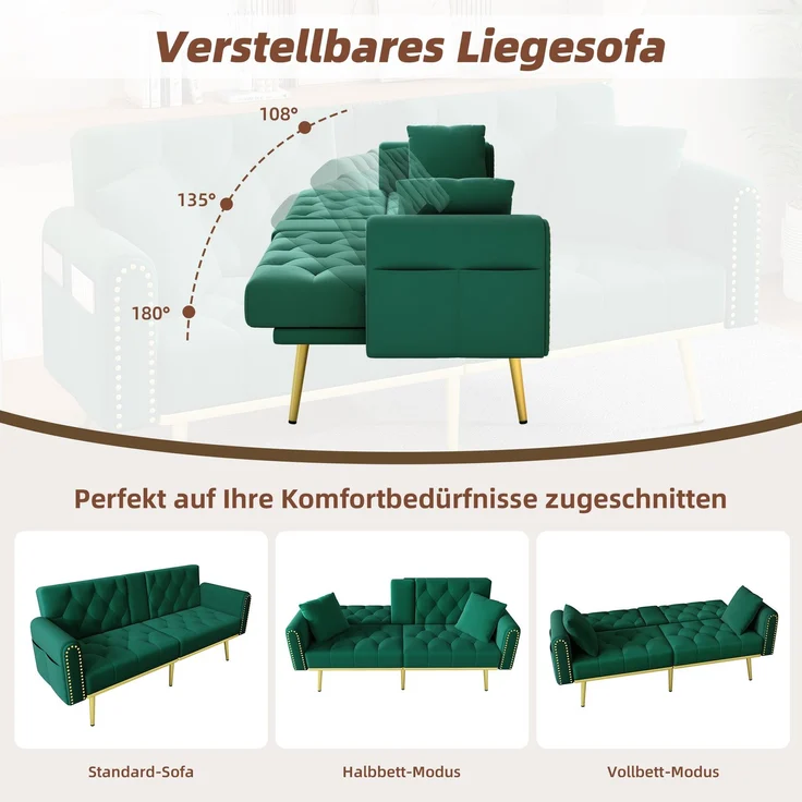 ZUBALIYA Schlafsofa 80x73.5 cm, mit LED - Beleuchtung, mit Stauraum, mit Samtbezug, mit breiten Armlehnen, Grün – Bild 4