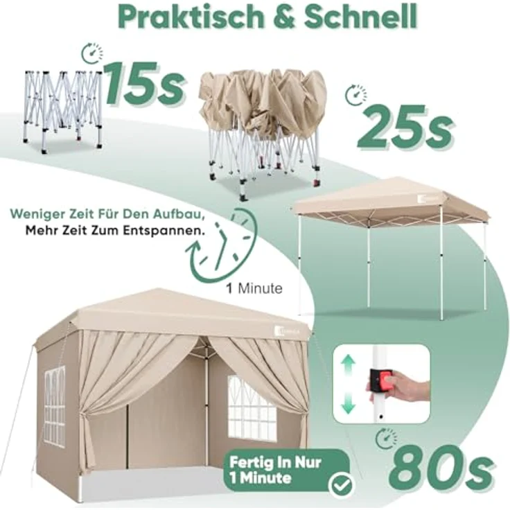 Sunula Pavillon 3x3m, wasserdicht und winterfest mit 4 Seitenwänden, faltbar, stabil mit verdickten Röhren, khaki – Bild 2