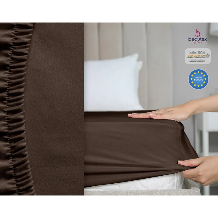 Beautex Spannbettlaken, Gummizug: rundum, (1 Stück), gekämmte Baumwolle Premium Jersey, 160g/m², Dunkelbraun, Standard - 90 x 200 x 30 cm – Bild 2
