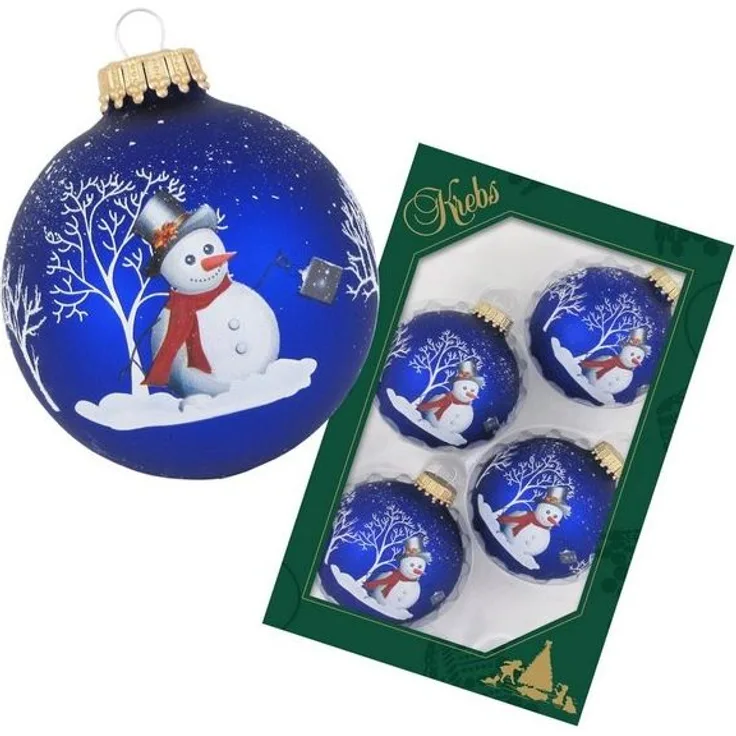 Krebs Glas Lauscha Weihnachtsbaumkugel 4er Set - verschneiter Schneemann - ca. 7cm - aus Glas gefertigt, winterliche Festtagsdekoration für Baum, Strauch und vieles mehr