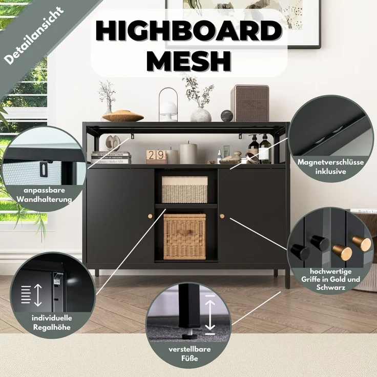 Mein-Regal Sideboard Mesh aus Metall mit Ablage und 2 Schiebetüren Schwarz – Bild 2
