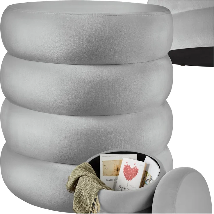 tectake® Hocker mit Stauraum, Scandi Sitzhocker Samt Stoff, Pouf, Polsterhocker rund für Schminktisch, Schlafzimmer, Wohnzimmer Möbel, als Flur Möbel, Stauhocker Wohnen - Samtoptik grau – Bild 1