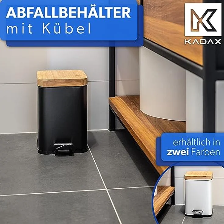 KADAX Abfallbehälter, 3L Kosmetikeimer mit Fußpedal und Absenkautomatik, pulverbeschichtet, mit Bambusdeckel (Schwarz) – Bild 2