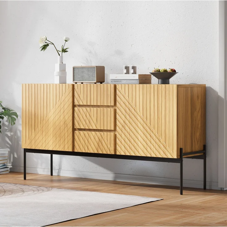 DESVIAE Sideboard mit Schubladen und verstellbaren Regalböden, 150x75x40 cm, Spanplatte, Natur – Bild 3