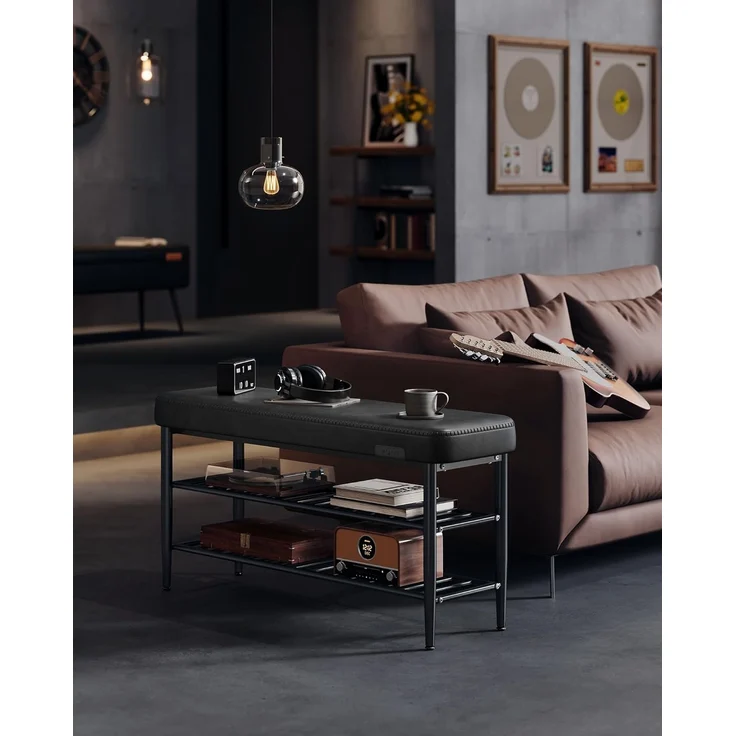 VASAGLE EKHO Kollektion - Schuhbank, Sitzbank, Sitztruhe, Eingangsbereich, Kunstleder, Nähte, Mid-Century-Modern-Stil, modern, bis 135 kg belastbar, 30 x 100 x 50 cm, tintenschwarz LSB113B01 – Bild 2