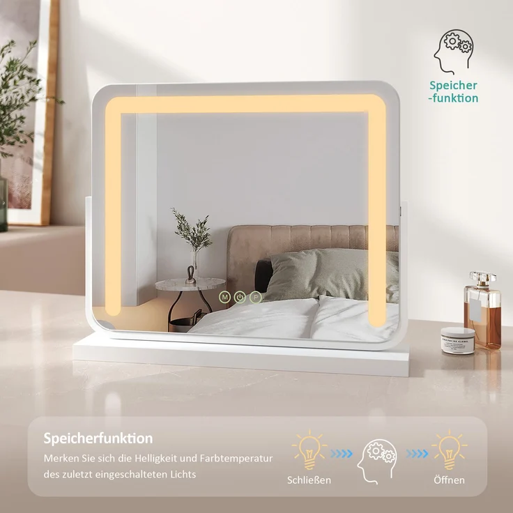 EMKE Schminkspiegel mit Beleuchtung LED Kosmetikspiegel Drehbar Make Up Spiegel mit Touchschalter, 3 Lichtfarben Dimmbar und Memory-Funktion, Weiß, 60x51,6cm – Bild 4