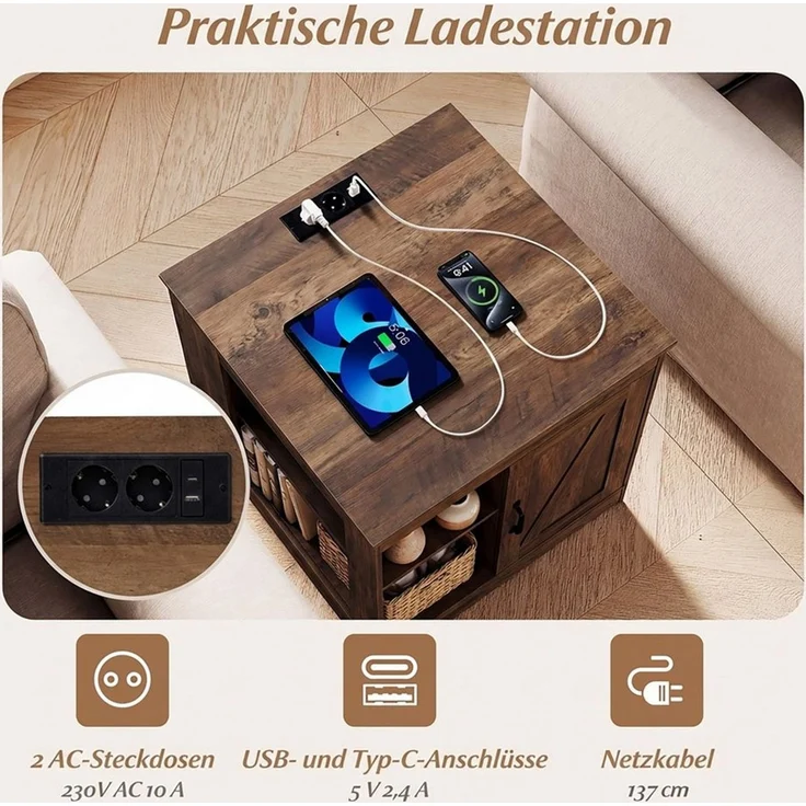 COSTWAY Beistelltisch, Nachttisch mit Ladefunktion, verstellbarem Regal Holz – Bild 2