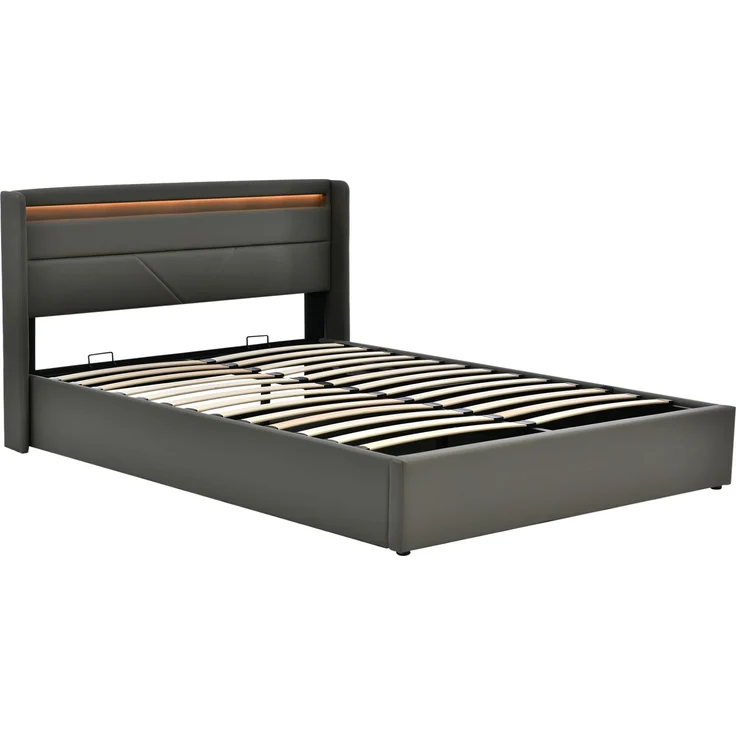 CHICFURN Polsterbett PU Grau 160x200 cm mit LED-Beleuchtung und hydraulischem Bettkasten – Bild 8
