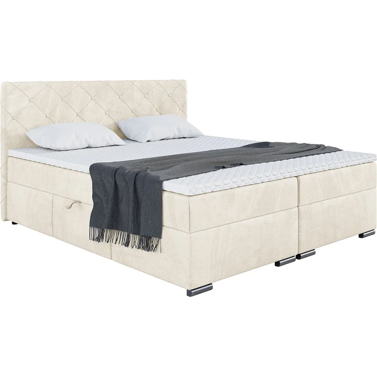 MEBLINI Boxspringbett MALDINI 160x200cm - H3P/Creme Samt - mit Bettkasten - Polsterbett - Doppelbett mit Topper & Taschenfederkern-Matratze – Bild 2