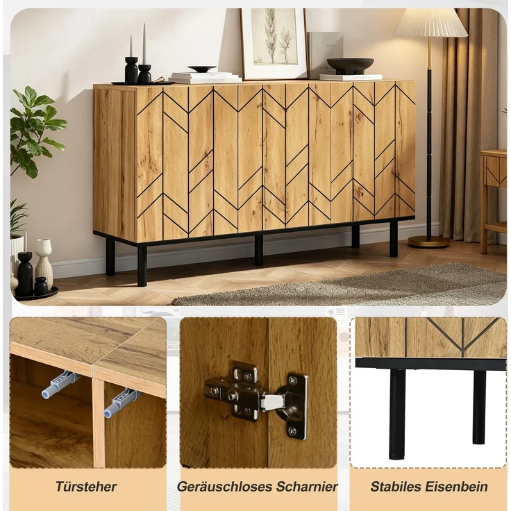 DESVIAE Sideboard Naturholz aus Spanplatte – 120x70x35 cm – 3 Türen, Wellenmuster – Bild 6