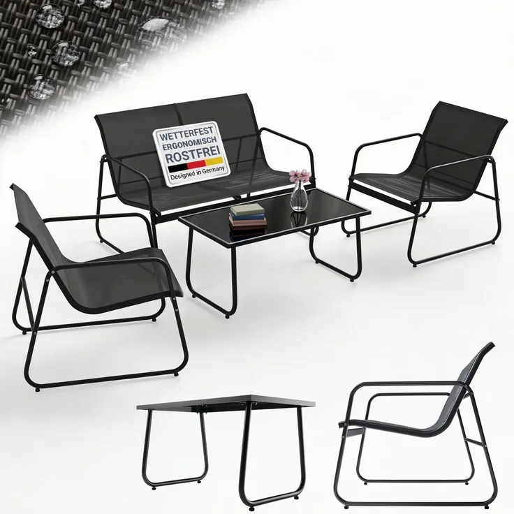 Juskys Gartenmöbelset Genua 4-tlg. – Anthrazit, Outdoor Sitzgruppe, Tisch & Bank, wetterfestes Textil, LongLife Stahlgestell