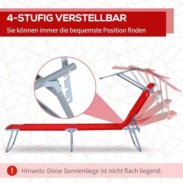 Outsunny Sonnenliege Gartenliege Wellnessliege Strandliege klappbar mit Sonnenschutz Rot 187 x 58 x 36 cm – Bild 5
