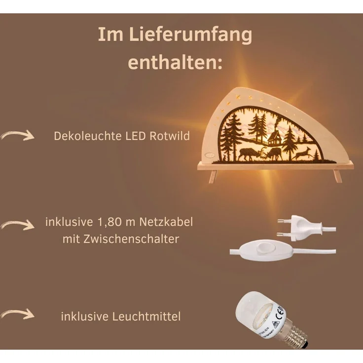 Weigla LED Lichterbogen Rotwild, Holz Schwibbogen, Dekoleuchte, Herbstdeko, Made in Germany (1-tlg), Erzgebirge garantiert, Weihnachtsdeko Innen, Weihnachtsbeleuchtung – Bild 2