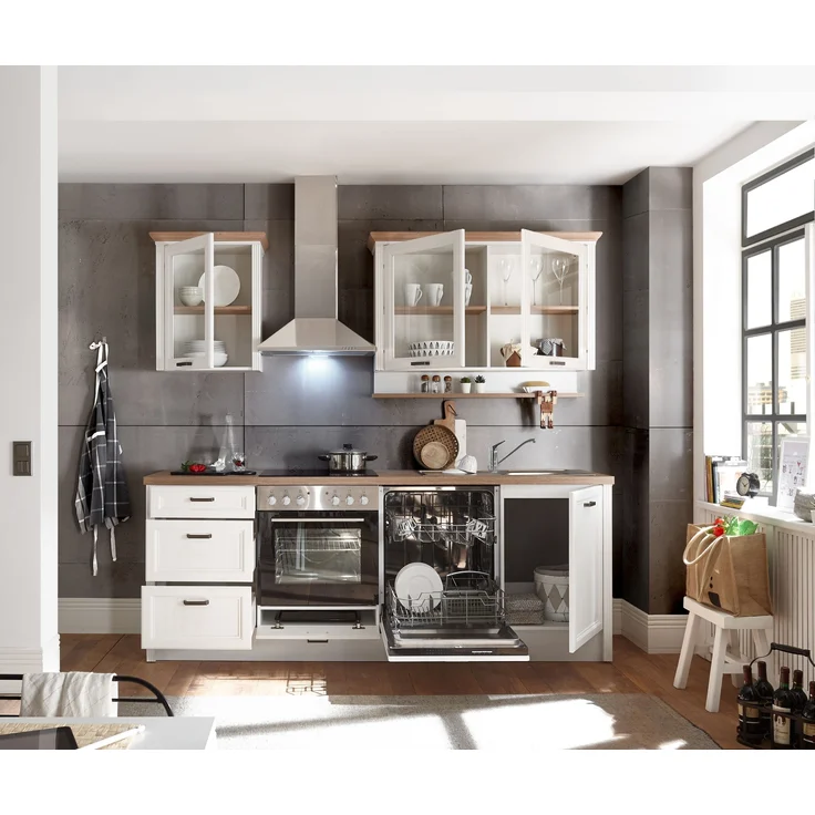 JASMIN Moderne Küchenzeile ohne Elektrogeräte in Pinie hell, Artisan Eiche Optik - Geräumige Einbauküche im Landhausstil - 235 x 216,5 x 60 cm (B/H/T) – Bild 3