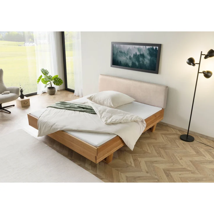 Bett Eiche 140x200x85 natur geölt, Kopfteil beige FICHTELBERG #125 – Bild 2