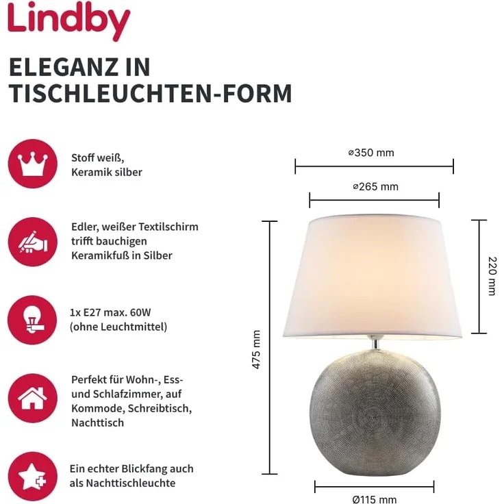 Lindby Tischleuchte Florentino, Weiß IP20, 1 x 15 W LED – Bild 2