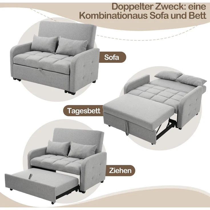 Klappsofa Schlafsofa ausziehbar Baumwoll-Leinen verstellbare Rückenlehne Gästebett Multifunktion Sofa-Bett,Grau – Bild 4