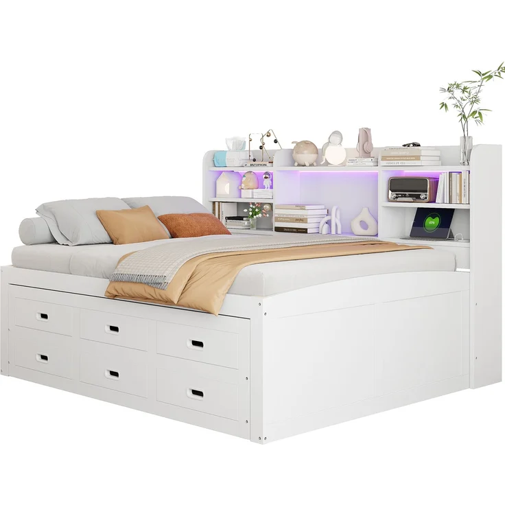 Schlafsofa, Daybett, Tagesbett, 140 x 200cm, Mit LED-Leuchten, 3 schubladen, Nachttischablage, Multifunktionales ausziehbares bett mit usb+type-c, Ohne matratze, Weiß – Bild 8