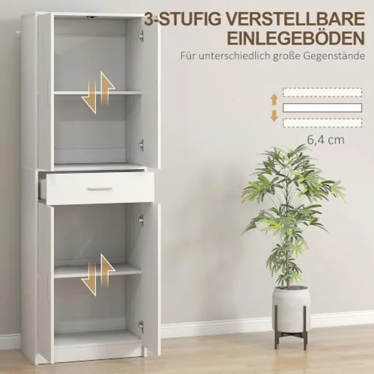 HOMCOM Küchenbuffet Hochschrank Vorratsschrank Einlegeböden Skandinavisches Design (freistehender Küchenschrank mit Schublade, 1-St, Vitrinenschrank mit verstellbaren Regalen) 60 x 35 x 180 cm, Weiß – Bild 5