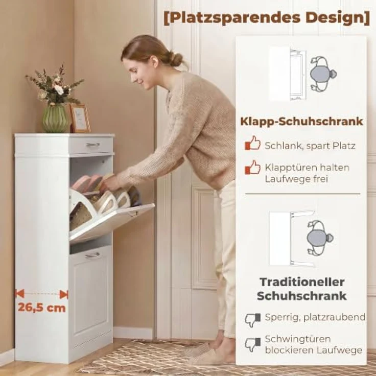 HOMCOM Schuhkipper Schuhschrank mit 2 Klappen für 8 Paar Schuhe, schmal und wasserabweisend, Weiß, 53 x 26,5 x 89 cm – Bild 5