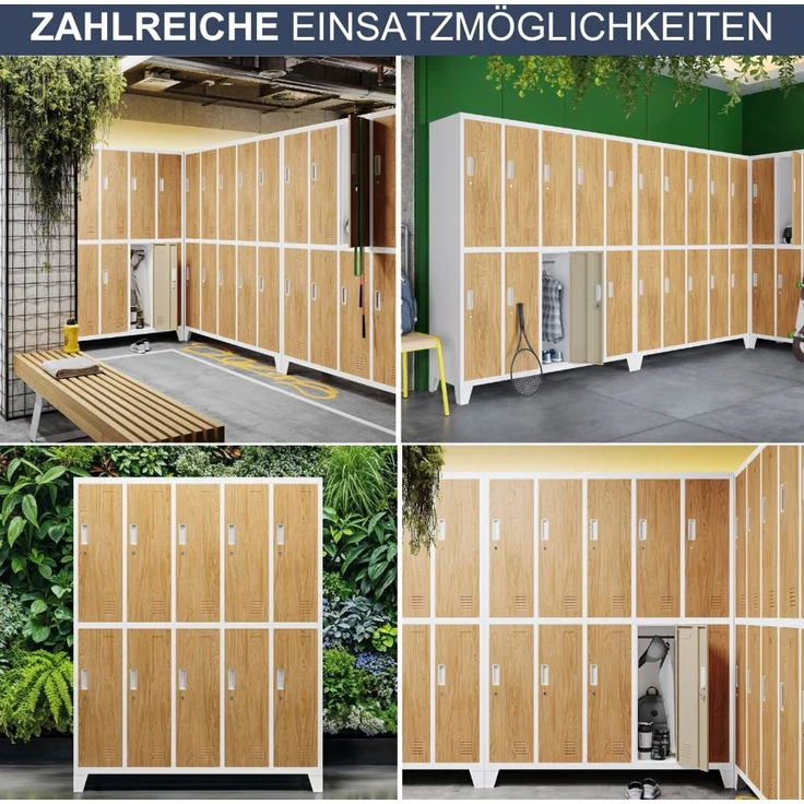 Umkleideschrank Spind BERLIN - 10 Abteile, Etikettenhalter Lüftungsschlitze | Umkleidespind Schließfachschrank Garderobenspind, 172 x 136 x 45 cm Weiß-Goldene Eiche – Bild 6