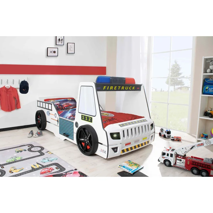 Autobett Kinderbett 90x200 Feuerwehrbett "Rio Firetruck" Hochglanz mit LED Leuchte Weiß